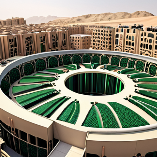 Home 28 A vibrant, futuristic factory in a modern Arab city, embodying the principles of a circular economy. The image should showcase advanced recycling processes, smart waste management systems, and innovative product design for reusability. Include elements of AI-driven machinery and clean energy sources, with a blend of contemporary and traditional Arab architectural aesthetics, symbolizing sustainable industrial growth. Focus on a clear, optimistic, and highly detailed visual narrative.