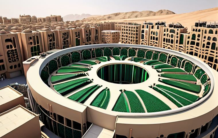 A vibrant, futuristic factory in a modern Arab city, embodying the principles of a circular economy. The image should showcase advanced recycling processes, smart waste management systems, and innovative product design for reusability. Include elements of AI-driven machinery and clean energy sources, with a blend of contemporary and traditional Arab architectural aesthetics, symbolizing sustainable industrial growth. Focus on a clear, optimistic, and highly detailed visual narrative.