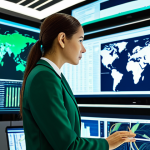 A professional environmental data analyst, wearing a modest business suit, intently observing multiple large holographic screens displaying complex environmental sustainability data visualizations and algorithms, within a modern, clean, and green-themed command center. The setting is bright and technologically advanced, symbolizing innovative green solutions. Professional photography, high resolution, hyperrealistic, perfect anatomy, correct proportions, natural pose, well-formed hands, proper finger count, natural body proportions, fully clothed, appropriate attire, modest clothing, safe for work, appropriate content, professional.