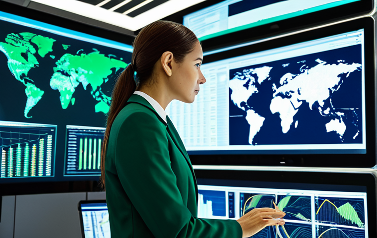 A professional environmental data analyst, wearing a modest business suit, intently observing multiple large holographic screens displaying complex environmental sustainability data visualizations and algorithms, within a modern, clean, and green-themed command center. The setting is bright and technologically advanced, symbolizing innovative green solutions. Professional photography, high resolution, hyperrealistic, perfect anatomy, correct proportions, natural pose, well-formed hands, proper finger count, natural body proportions, fully clothed, appropriate attire, modest clothing, safe for work, appropriate content, professional.