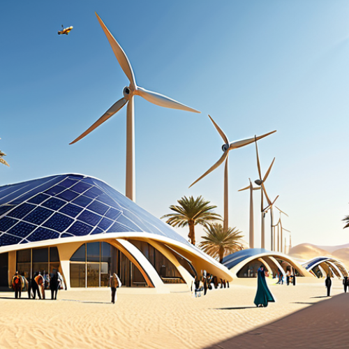 Home 25 Modern Sustainable Cityscape**
A panoramic view of a futuristic city in the Arabian desert, showcasing sustainable architecture, wind turbines, and solar panels, fully clothed people enjoying public spaces, date palms, modest clothing, appropriate attire, safe for work, perfect anatomy, natural proportions, professional digital art, high quality, family-friendly.
**