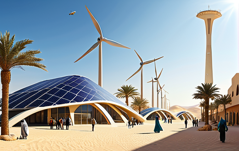 Modern Sustainable Cityscape**
A panoramic view of a futuristic city in the Arabian desert, showcasing sustainable architecture, wind turbines, and solar panels, fully clothed people enjoying public spaces, date palms, modest clothing, appropriate attire, safe for work, perfect anatomy, natural proportions, professional digital art, high quality, family-friendly.
**