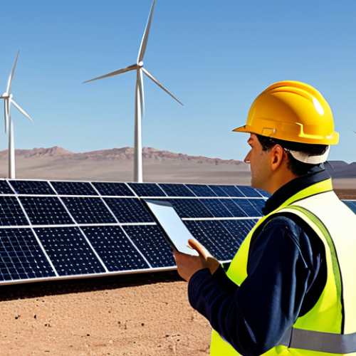 Home 12 **Image:** A professional environmental engineer, fully clothed in appropriate work attire (hard hat, safety vest), inspecting a solar panel array in a desert landscape. Background shows wind turbines. Safe for work, appropriate content, perfect anatomy, correct proportions, natural pose, professional, family-friendly.