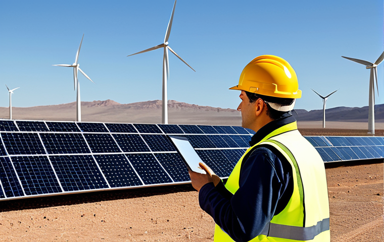 **Image:** A professional environmental engineer, fully clothed in appropriate work attire (hard hat, safety vest), inspecting a solar panel array in a desert landscape. Background shows wind turbines. Safe for work, appropriate content, perfect anatomy, correct proportions, natural pose, professional, family-friendly.