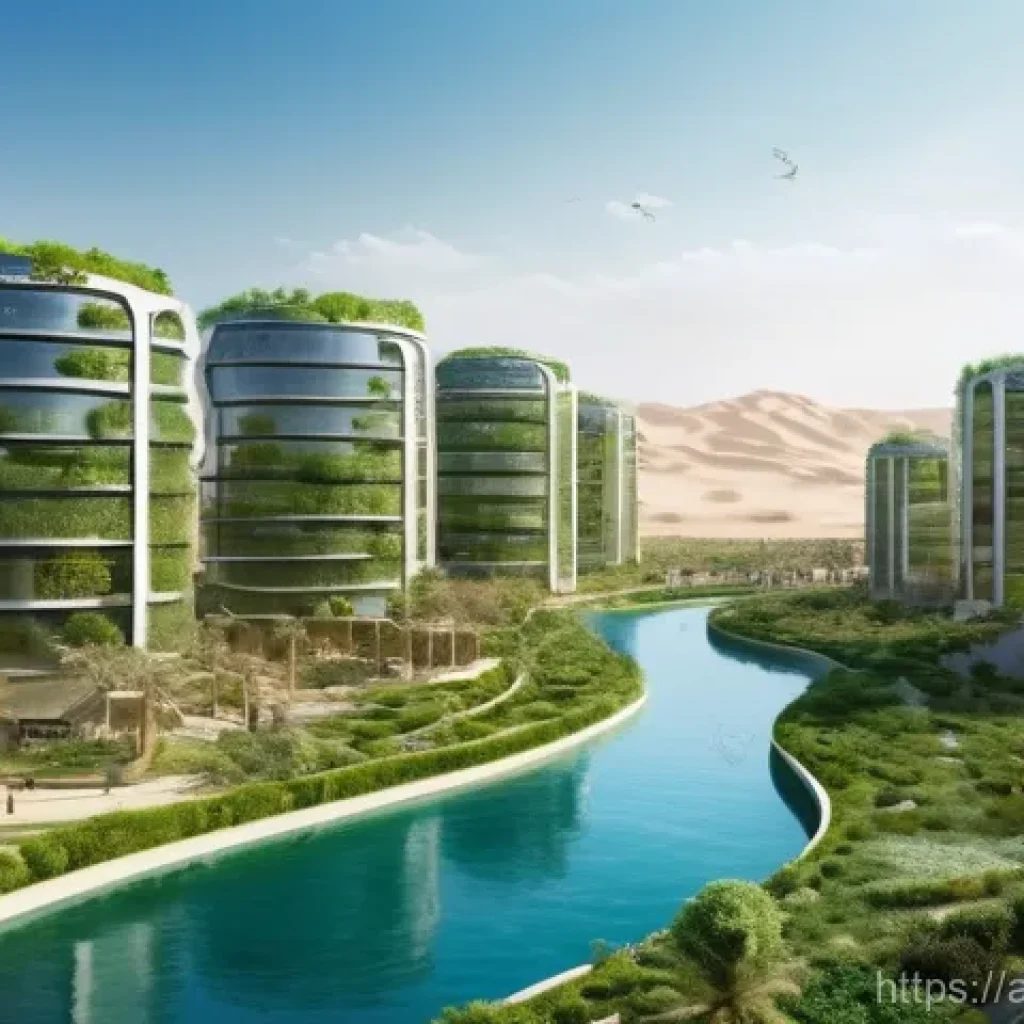 환경기술 실무 트렌드 - A stunning wide shot of a futuristic eco-city nestled in a vibrant Arabian desert landscape. Modern,...