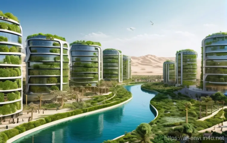환경기술 실무 트렌드 - A stunning wide shot of a futuristic eco-city nestled in a vibrant Arabian desert landscape. Modern,...