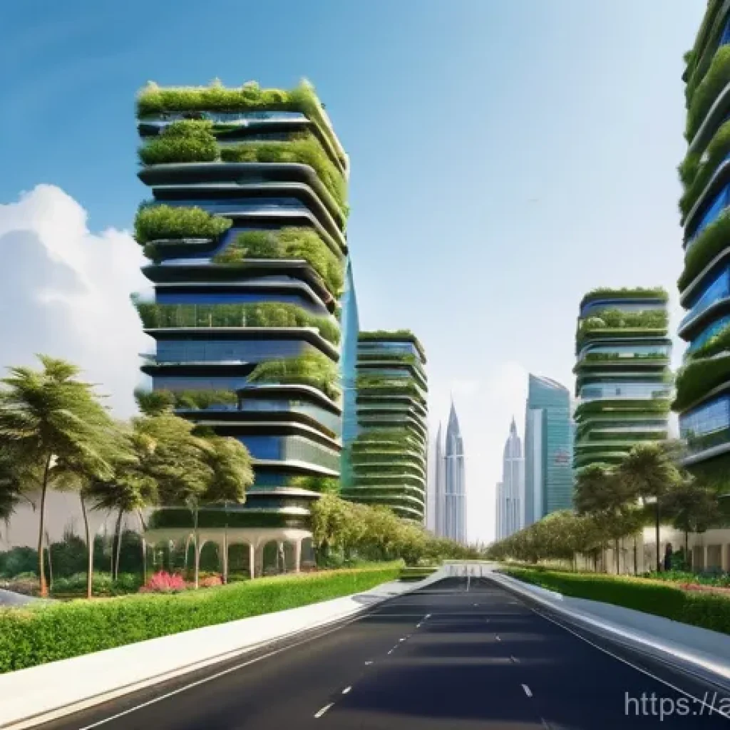 환경 관련 기업 면접 준비 - **Prompt:** A high-angle, panoramic view of a bustling, futuristic eco-city in the Arabian Gulf regi...
