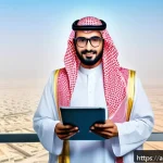 환경산업기사 연봉 현실 - A professional Saudi environmental engineer wearing business casual attire and safety glasses, stand...