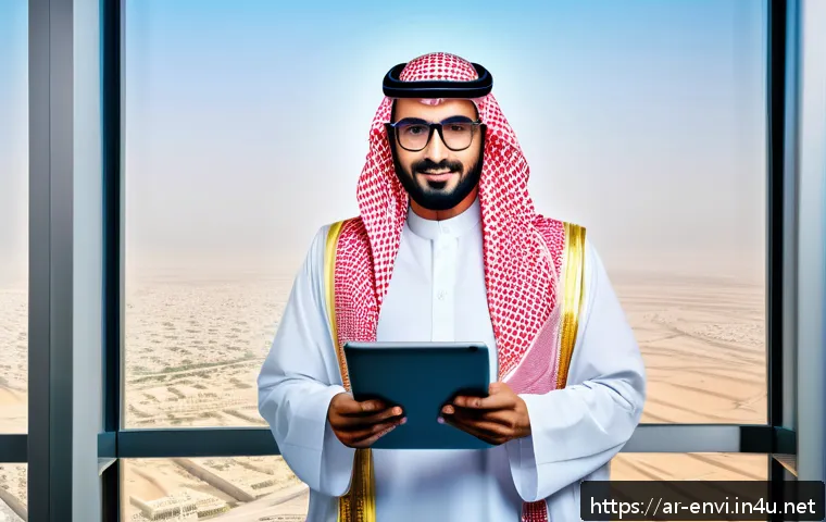 환경산업기사 연봉 현실 - A professional Saudi environmental engineer wearing business casual attire and safety glasses, stand...