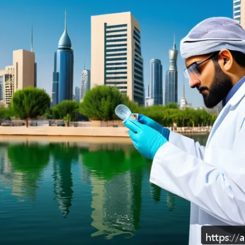 환경보건 자격증 기출문제 - A detailed illustration of an Arab environmental health professional conducting water quality testin...