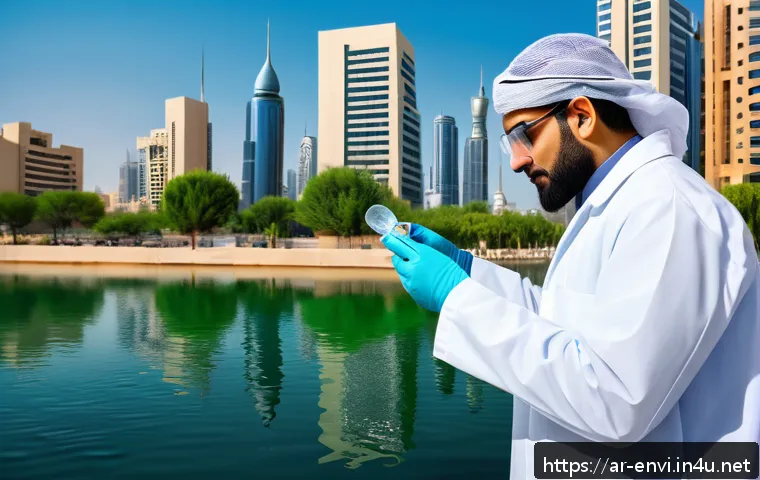 환경보건 자격증 기출문제 - A detailed illustration of an Arab environmental health professional conducting water quality testin...