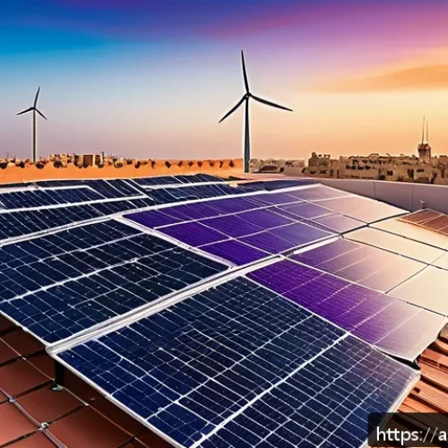 환경기술 분야 전망 분석 - A modern Middle Eastern urban rooftop scene at sunset featuring solar panels installed on traditiona...