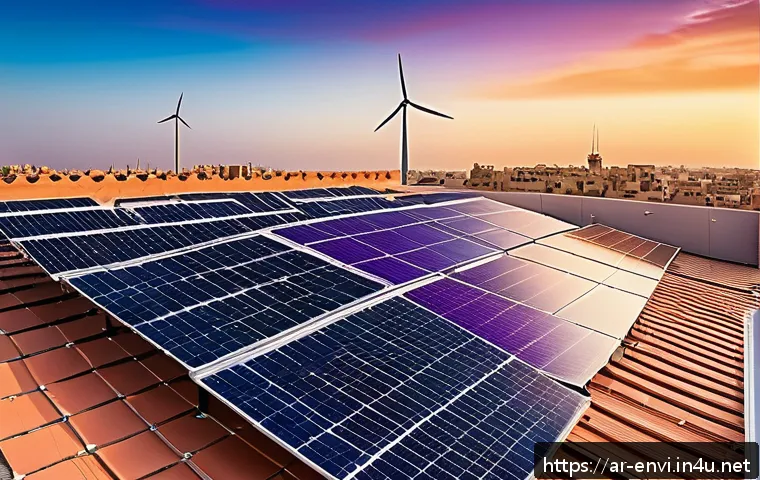 환경기술 분야 전망 분석 - A modern Middle Eastern urban rooftop scene at sunset featuring solar panels installed on traditiona...