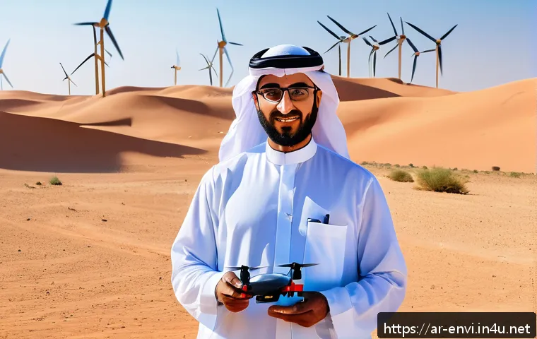 환경직 전문성을 높이는 법 - A professional Arab environmental scientist wearing modest business attire and glasses, operating a ...